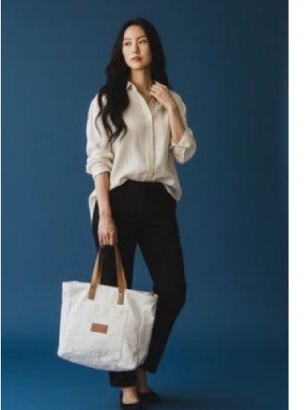 White Canvas Tote with Tan Leather Handles